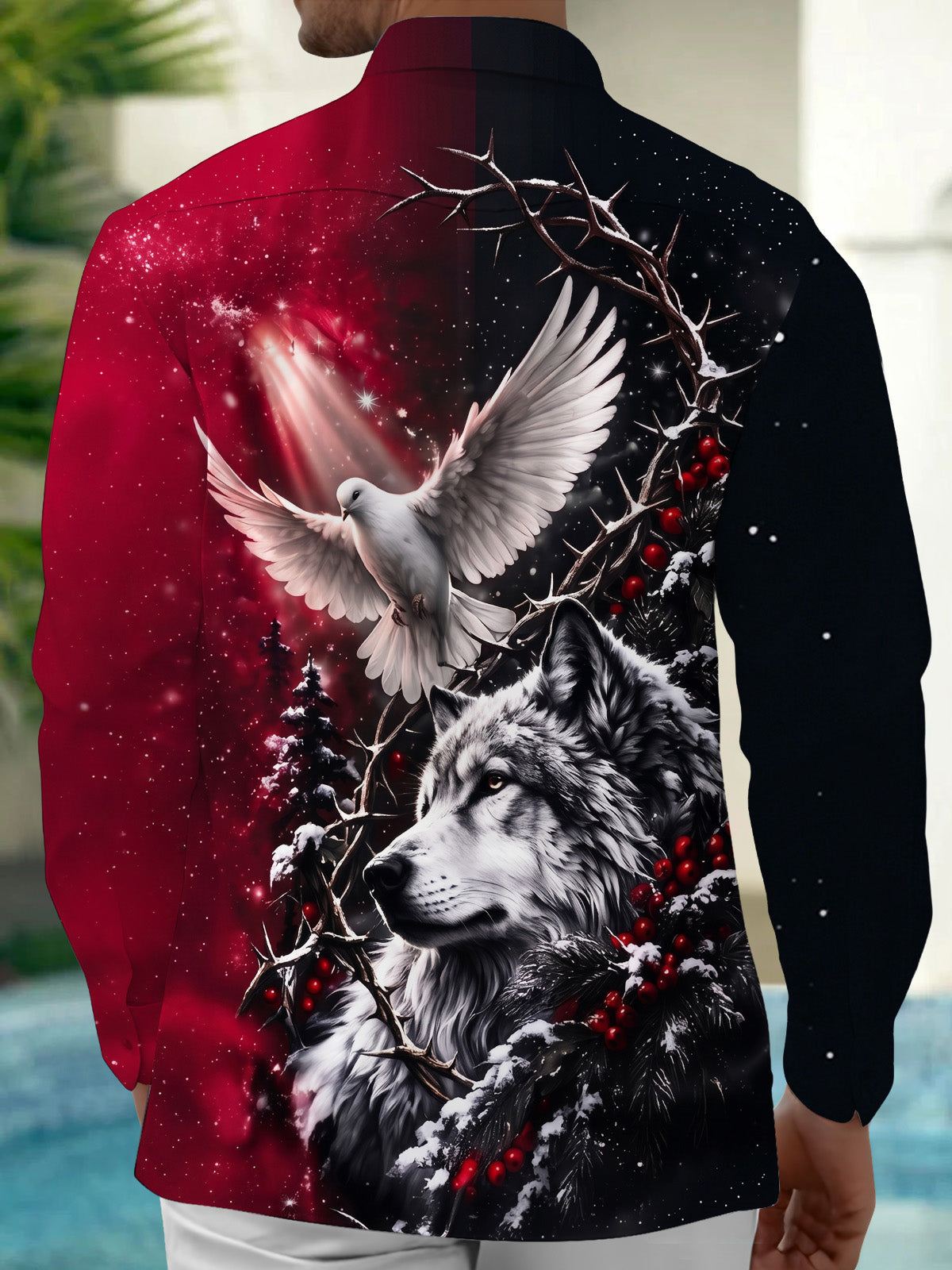 Oceanlyte Men's Long Sleeve Shirt - Christmas Wolf And Peace Dove With Snow And Berries Print with Chest Pocket