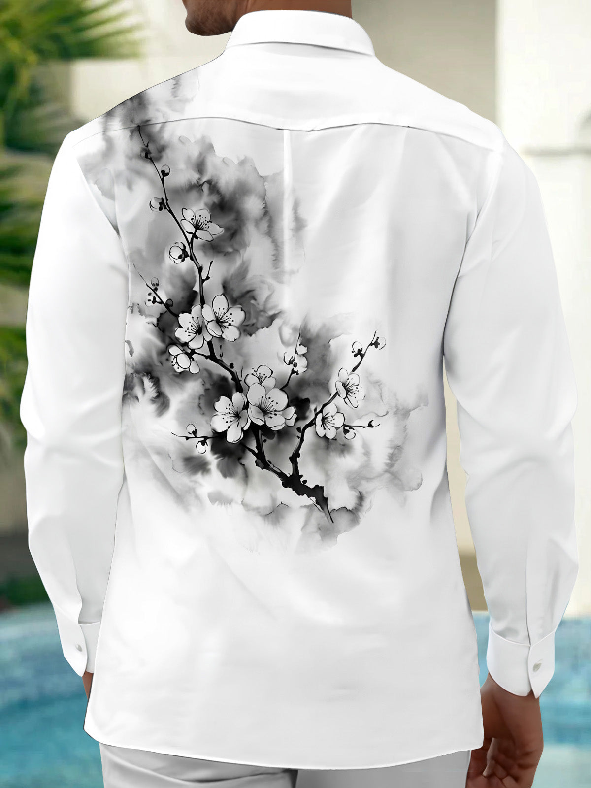Oceanlyte Men's Floral Cherry Blossom Branches Print Long Sleeve Shirt with Chest Pocket