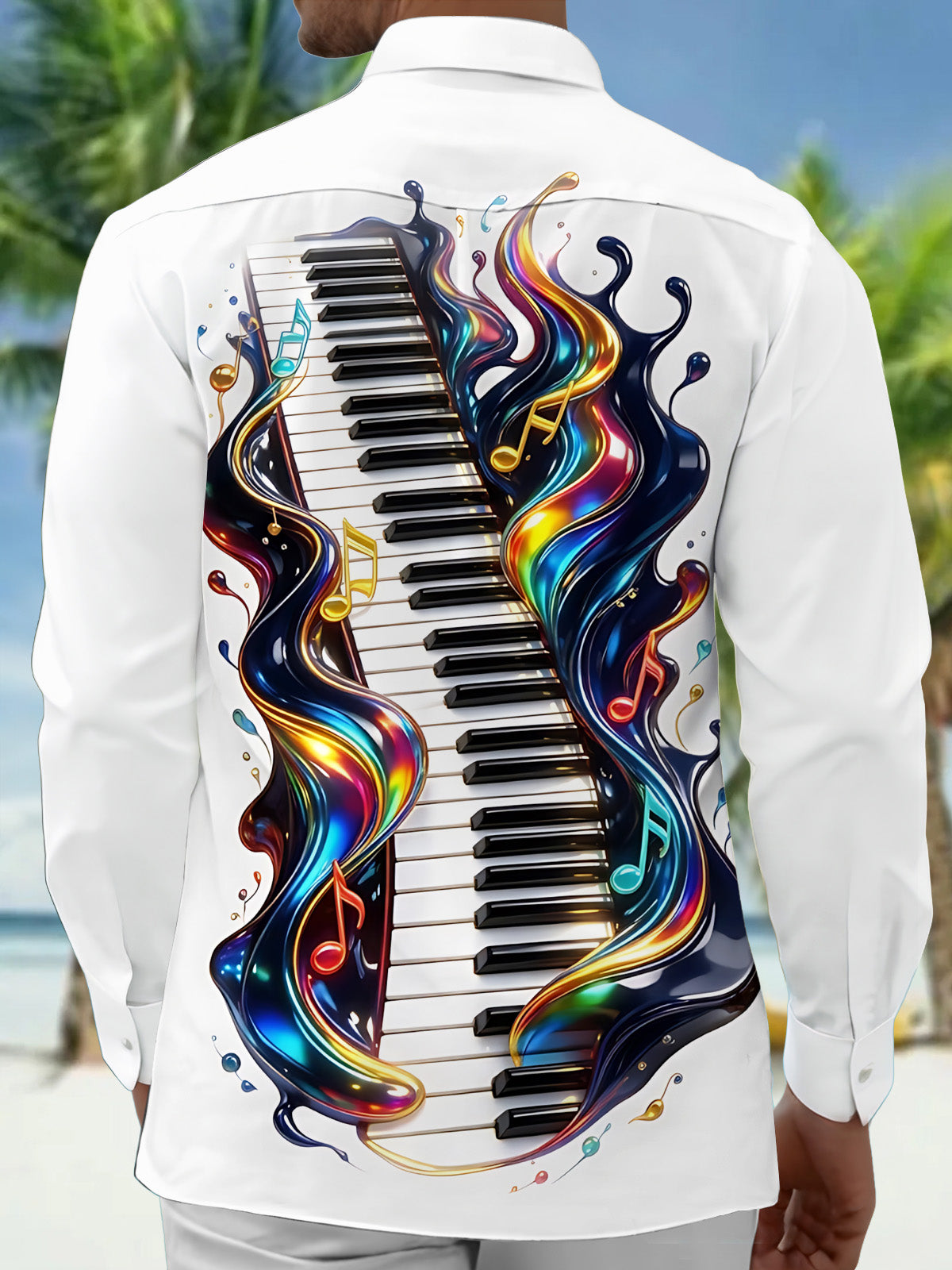 Oceanlyte Men's Graphic Piano Keyboard And Musical Notes Print Long Sleeve Shirt with Chest Pocket