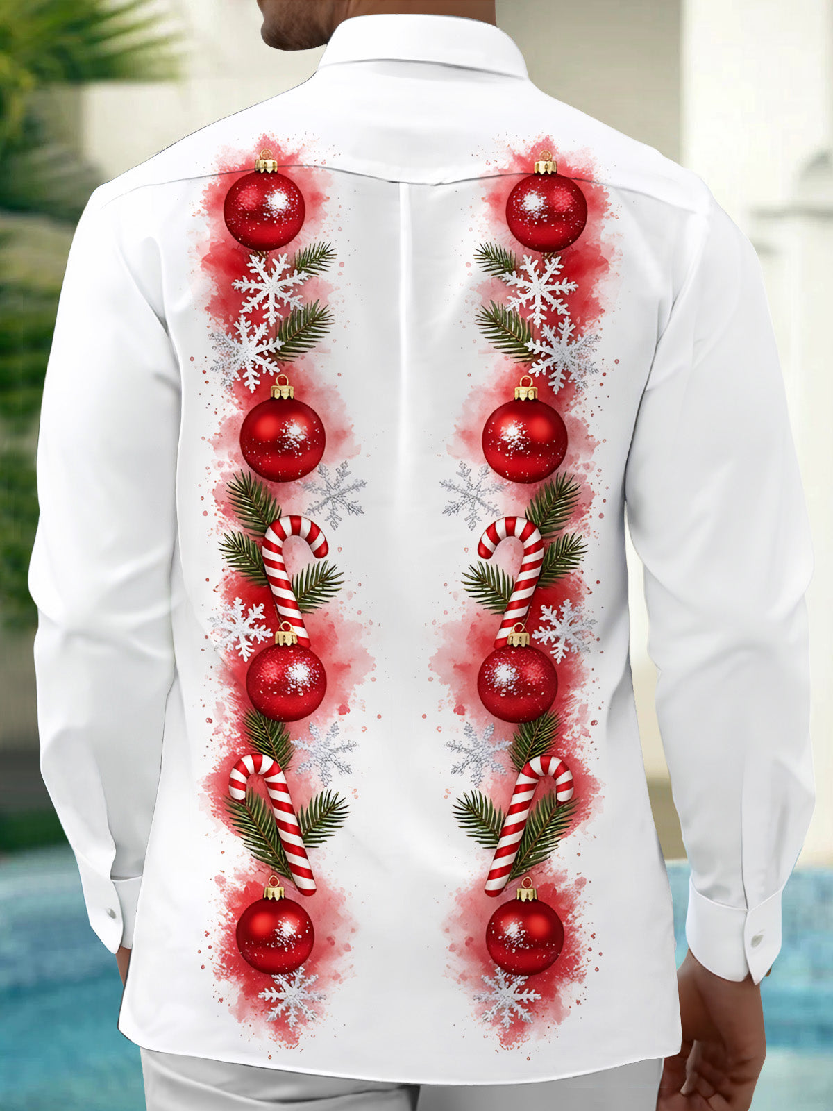 Oceanlyte Men's Christmas Ornaments And Candy Canes Print Long Sleeve Shirt with Chest Pocket