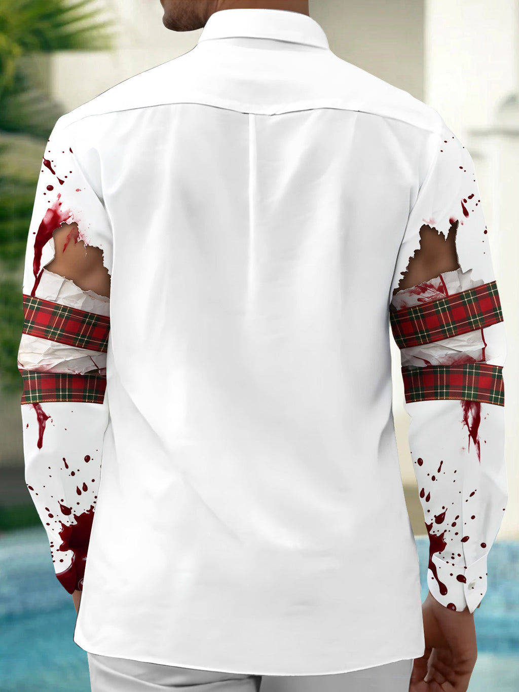 Oceanlyte Men's Long Sleeve Shirt - Christmas Torn Shirt With Blood Splatter And Plaid Pattern with Chest Pocket