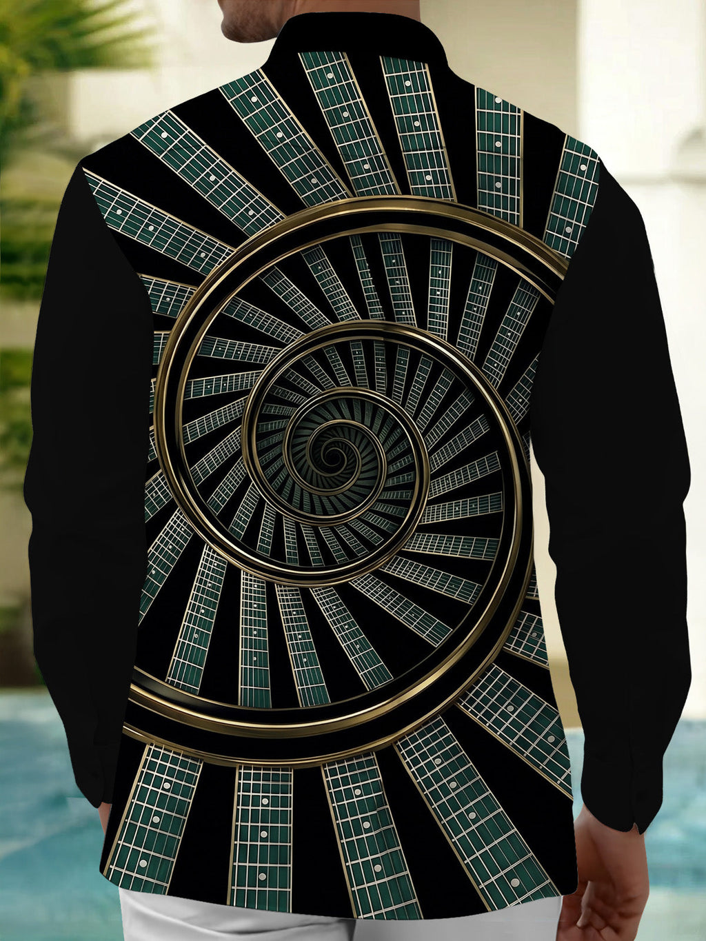 Oceanlyte Men's Graphic Guitar Fretboard Spiral Print Long Sleeve Shirt with Chest Pocket