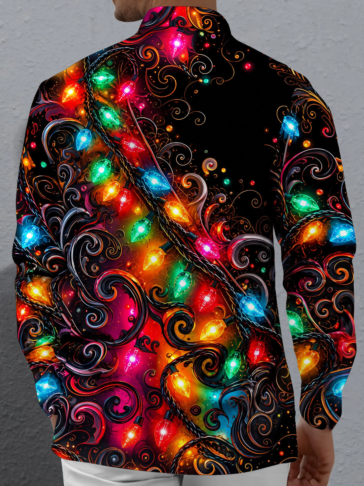 Oceanlyte Men's Christmas Light String And Swirls Print Long Sleeve Shirt with Chest Pocket
