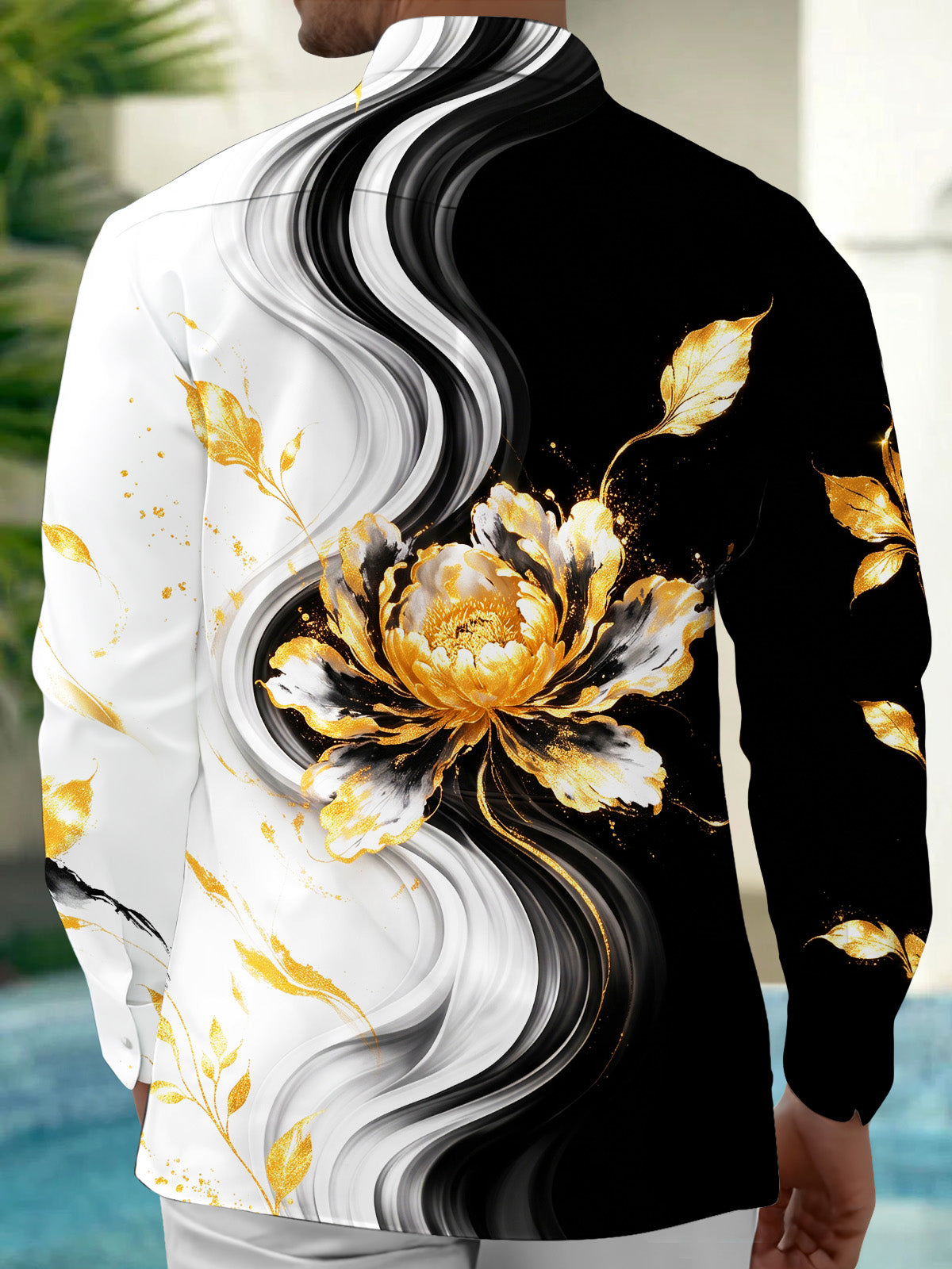Oceanlyte Men's Long Sleeve Shirt - Gold Peony Floral With Black And White Swirls Print with Chest Pocket