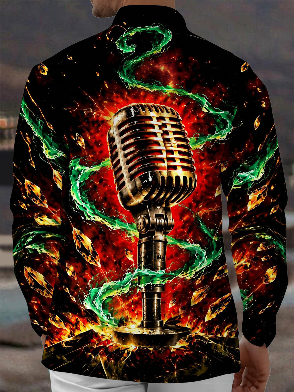 Oceanlyte Men's Long Sleeve Shirt - Vintage Microphone With Green Energy And Gold Crystals Print with Chest Pocket