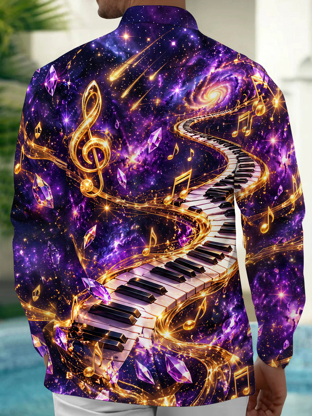 Oceanlyte Men's Graphic Piano Keyboard And Musical Notes Print Long Sleeve Shirt with Chest Pocket