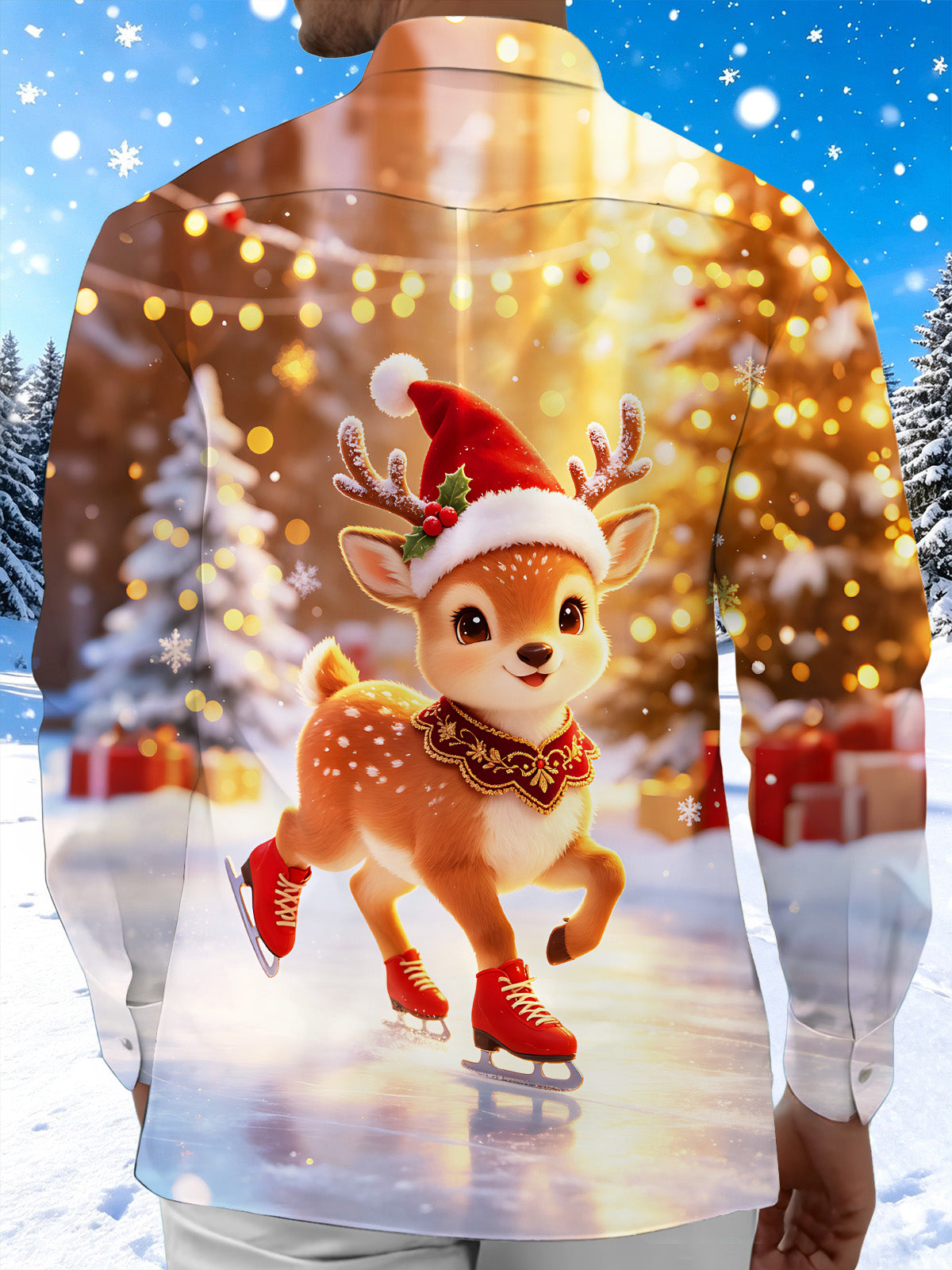 Oceanlyte Men's Printed Christmas Deer Print Ice Skating Print Long Sleeve Shirt with Chest Pocket