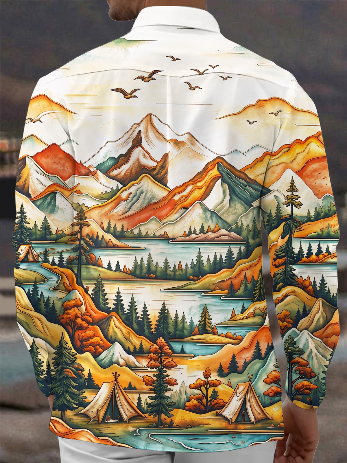 Oceanlyte Men's Vintage Style Mountain Landscape Print Long Sleeve Shirt with Chest Pocket