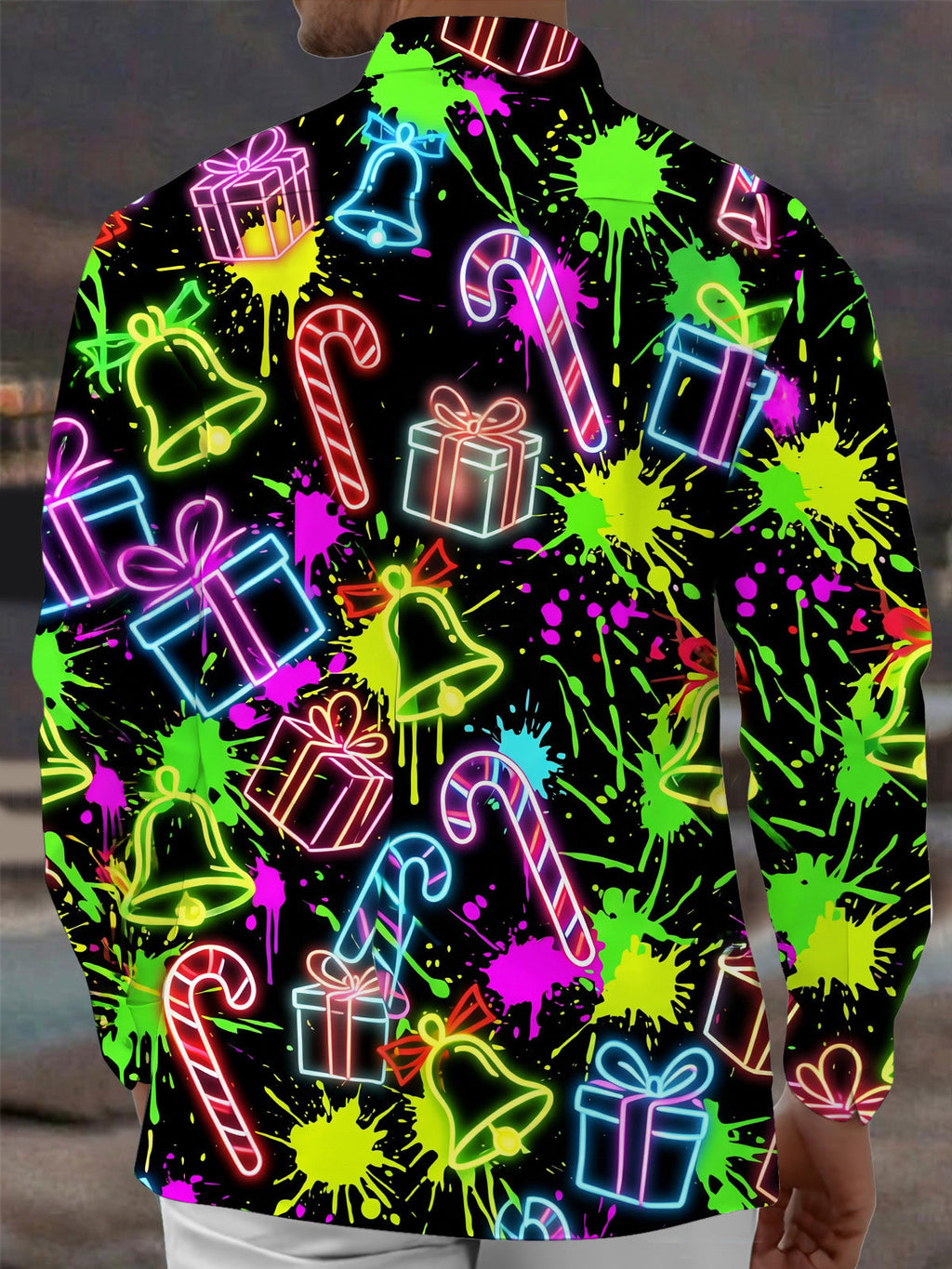 Oceanlyte Men's Long Sleeve Shirt - Christmas Neon Candy Canes And Gift Boxes Print with Chest Pocket