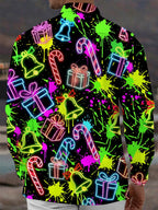 Oceanlyte Men's Long Sleeve Shirt - Christmas Neon Candy Canes And Gift Boxes Print with Chest Pocket