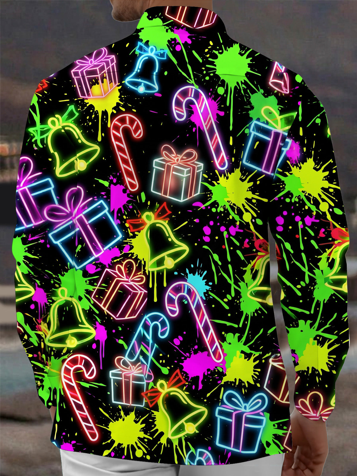Oceanlyte Men's Long Sleeve Shirt - Christmas Neon Candy Canes And Gift Boxes Print with Chest Pocket