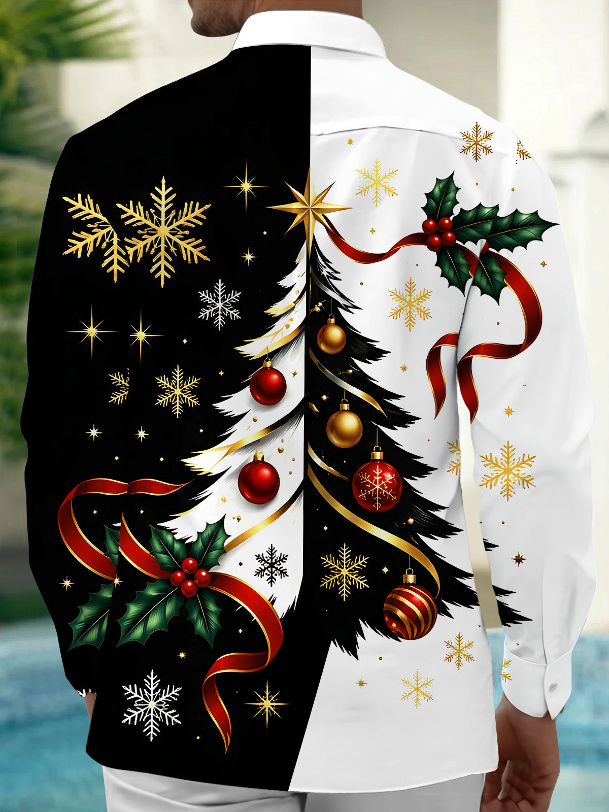 Oceanlyte Men's Christmas Tree With Ornaments And Holly Print Long Sleeve Shirt with Chest Pocket