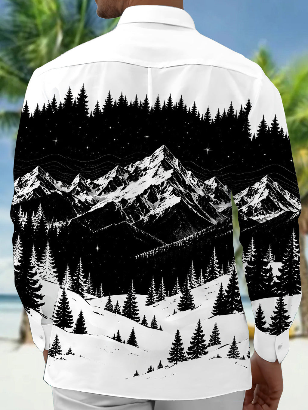 Oceanlyte Men's Printed Snowy Mountains And Forest Print Long Sleeve Shirt with Chest Pocket