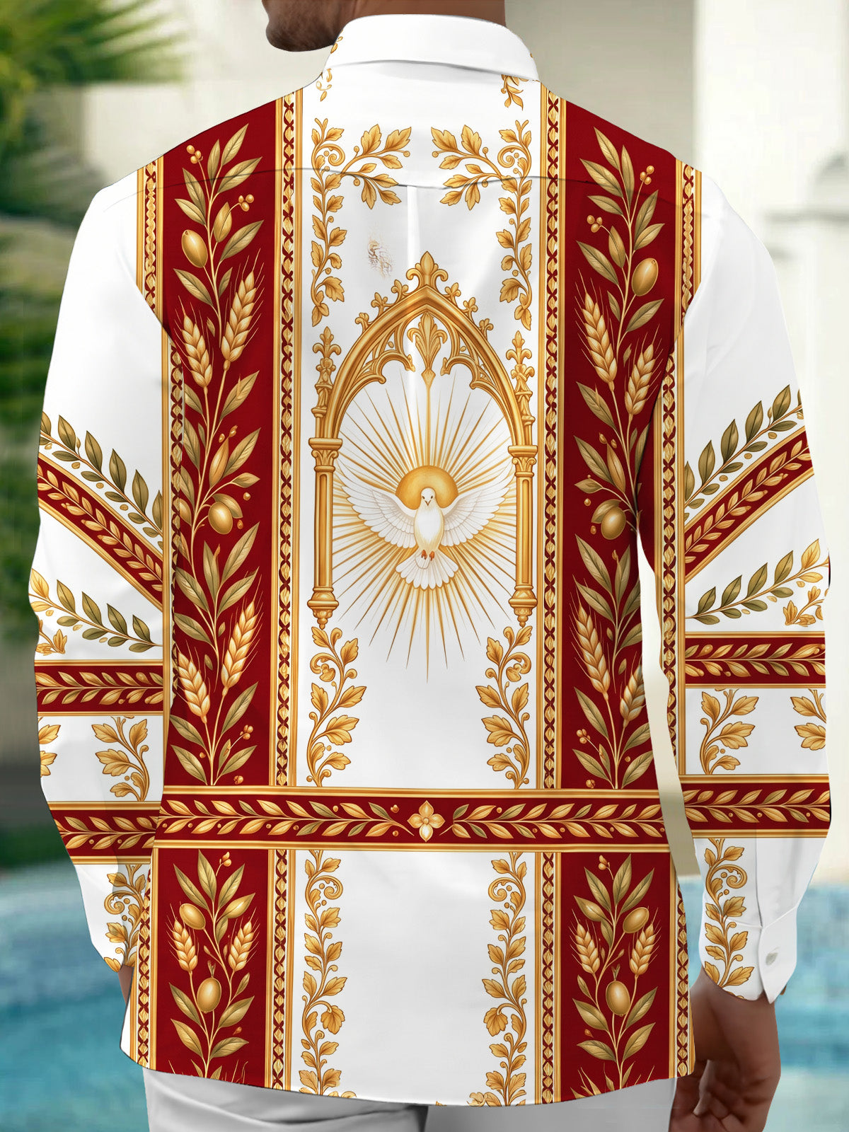 Oceanlyte Men's Printed White Dove With Golden Rays Print Long Sleeve Shirt with Chest Pocket