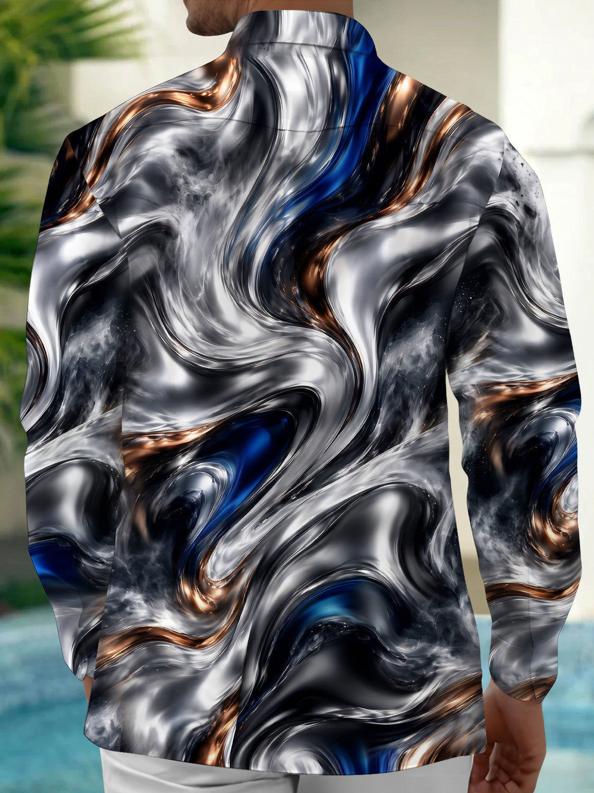 Oceanlyte Men's Abstract Swirling Metallic And Blue Pattern Long Sleeve Shirt with Chest Pocket