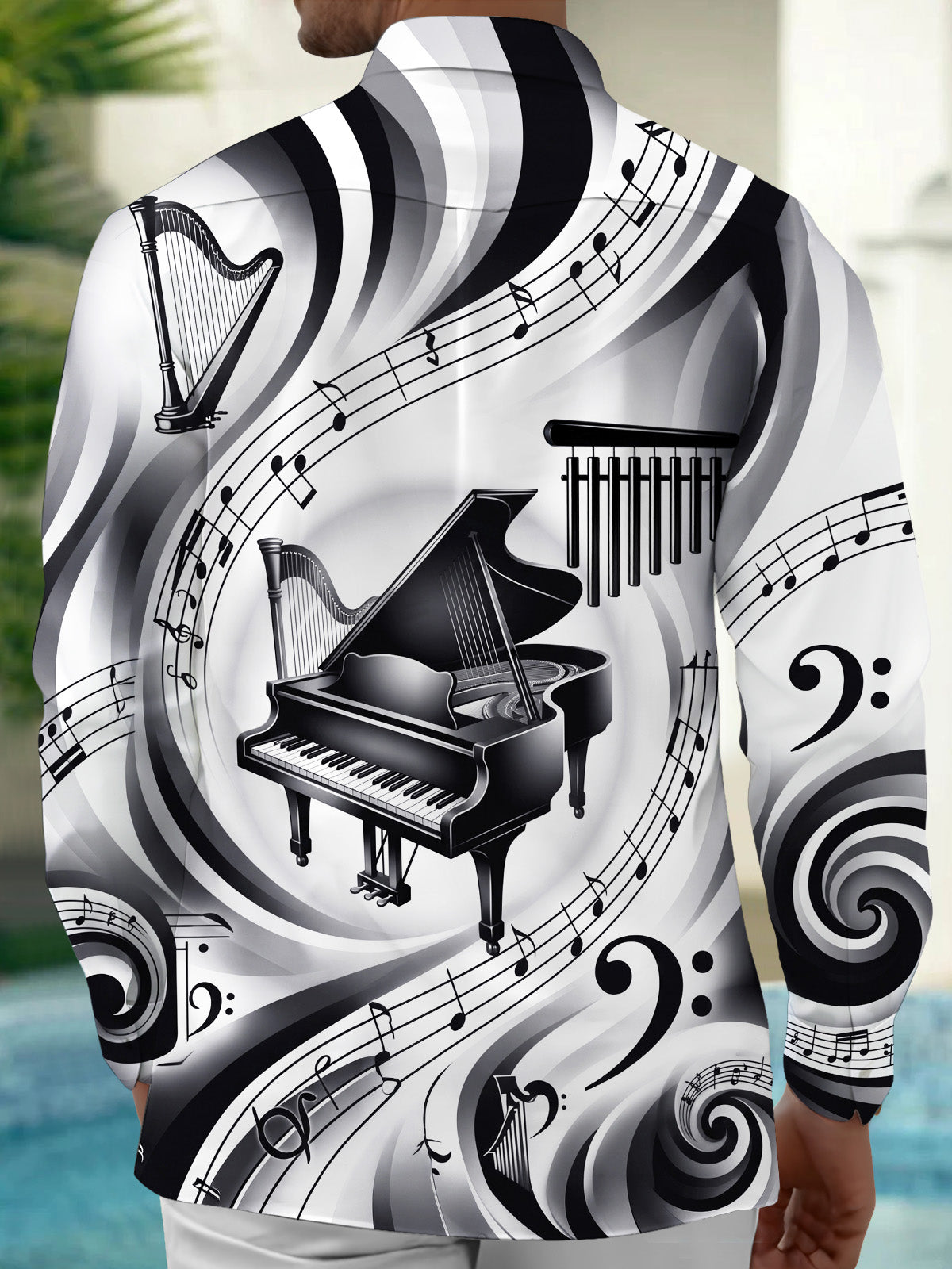 Oceanlyte Men's Graphic Piano Harp Music Note Pattern Long Sleeve Shirt with Chest Pocket