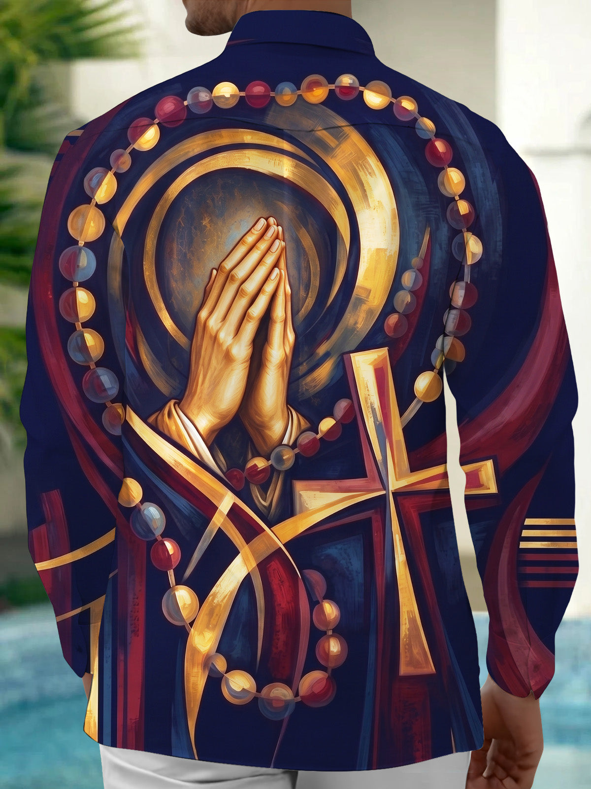 Oceanlyte Men's Graphic Praying Hands And Rosary Beads Print Long Sleeve Shirt with Chest Pocket