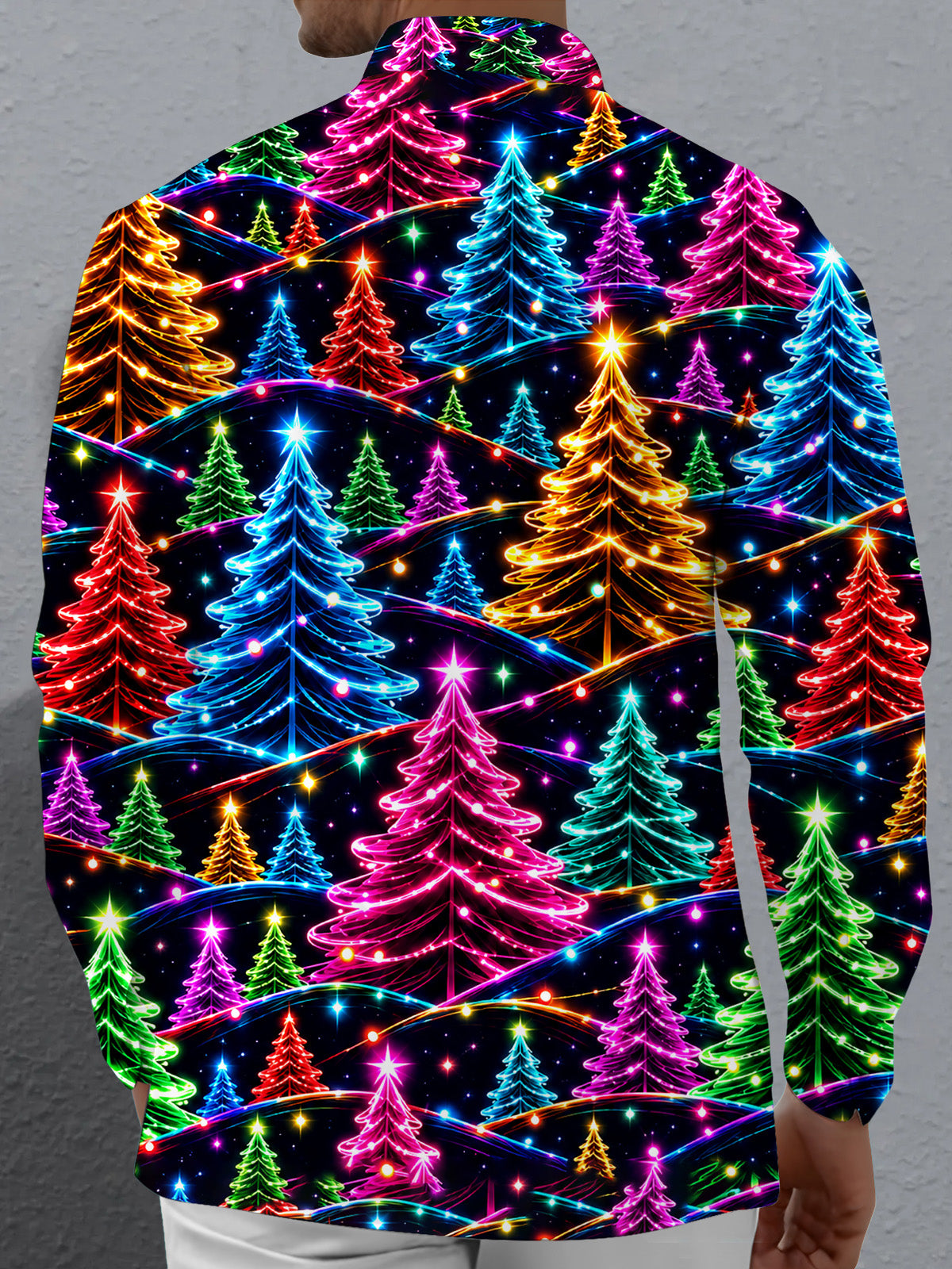 Oceanlyte Men's Graphic Neon Christmas Trees Print Long Sleeve Shirt with Chest Pocket