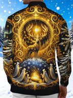 Oceanlyte Men's Graphic Golden Crowned Deer And Bonfire Print Long Sleeve Shirt with Chest Pocket