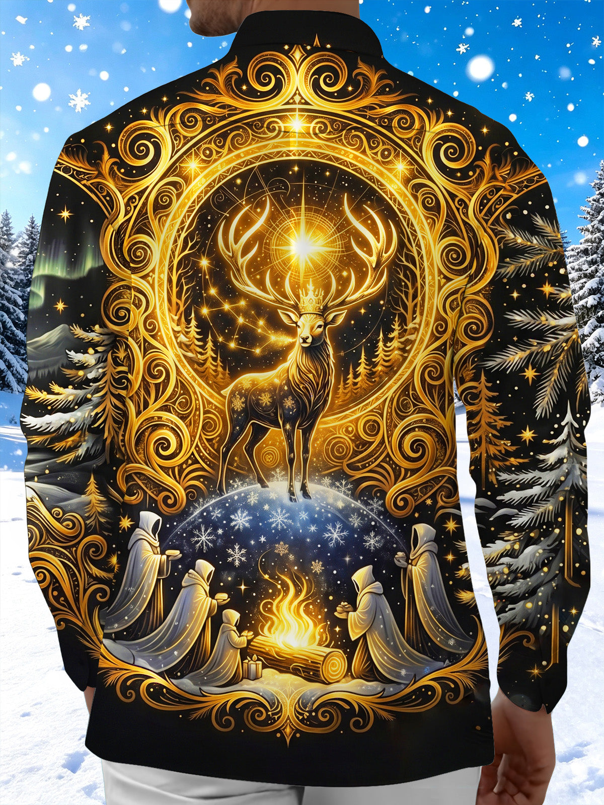 Oceanlyte Men's Graphic Golden Crowned Deer And Bonfire Print Long Sleeve Shirt with Chest Pocket