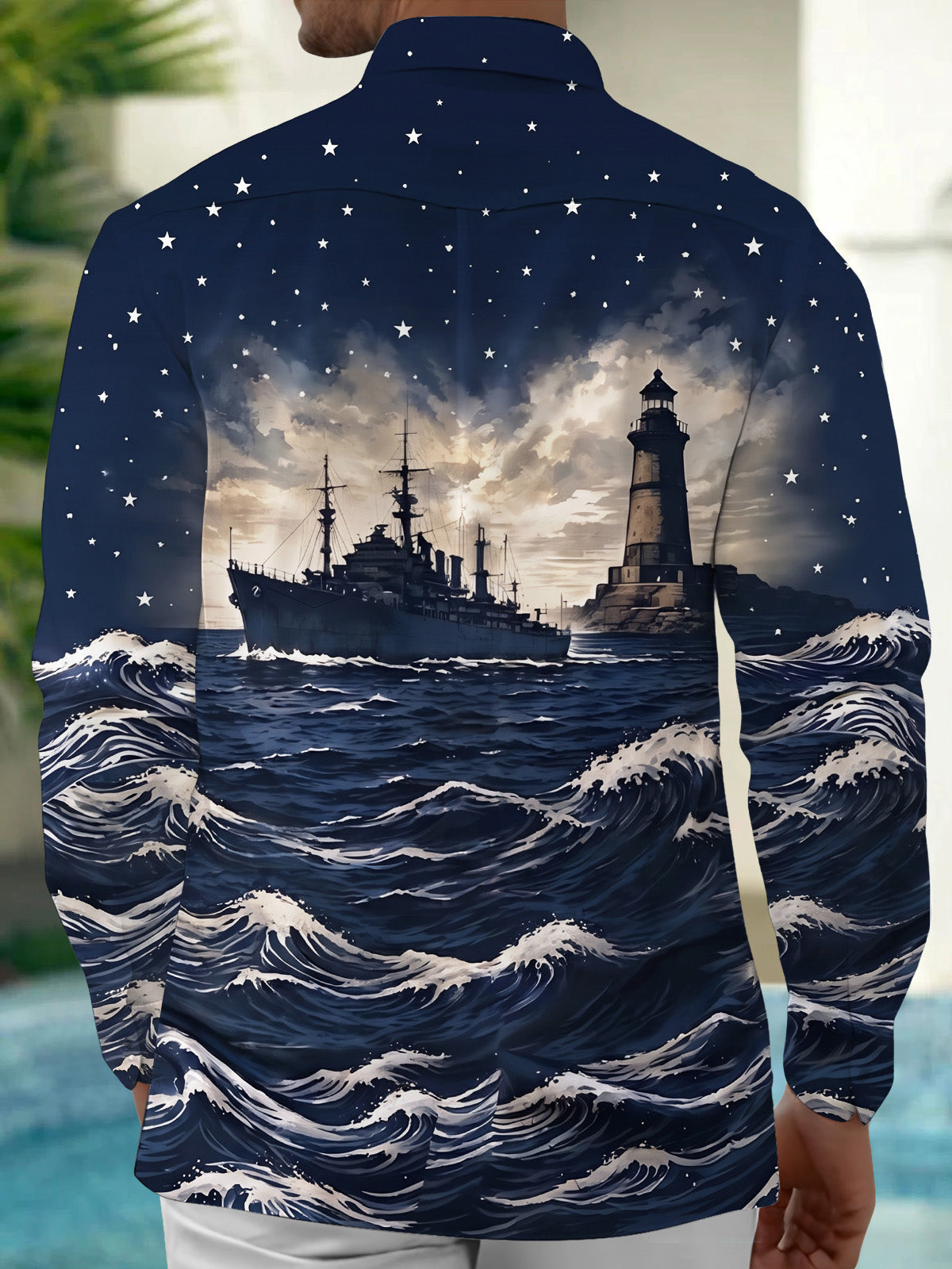 Oceanlyte Men's Long Sleeve Shirt - The "Atlantic Sentinel" Lighthouse And Battleship On Ocean Waves Print with Chest Pocket
