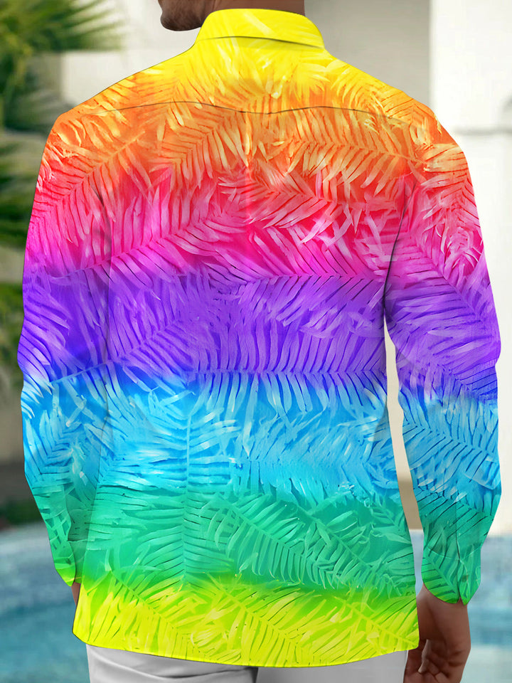 Oceanlyte Men's Tropical Rainbow Gradient Palm Leaf Print Long Sleeve Button Down Shirt with Chest Pocket