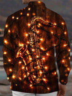 Oceanlyte Men's Saxophone And Christmas Light String Print Long Sleeve Shirt with Chest Pocket