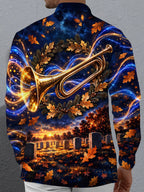Oceanlyte Men's Long Sleeve Shirt - The "Echoes of Taps" Golden Trumpet And Autumn Leaves Print with Chest Pocket