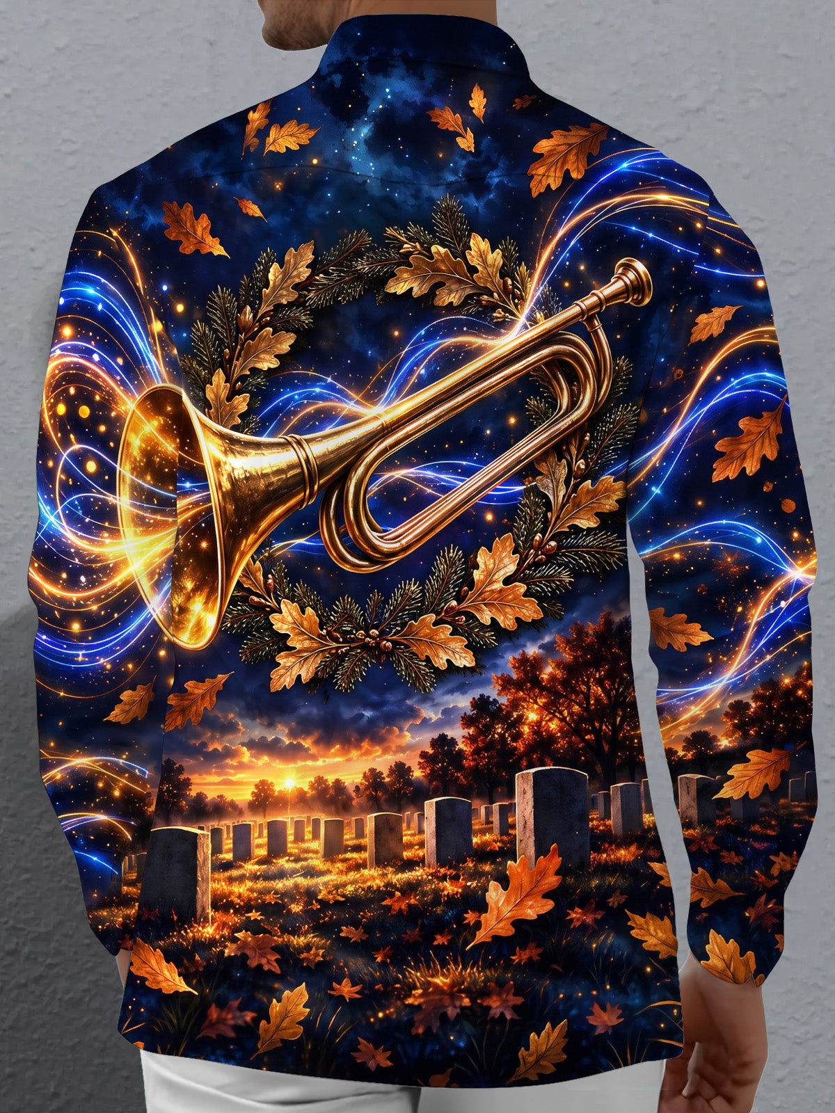 Oceanlyte Men's Long Sleeve Shirt - The "Echoes of Taps" Golden Trumpet And Autumn Leaves Print with Chest Pocket