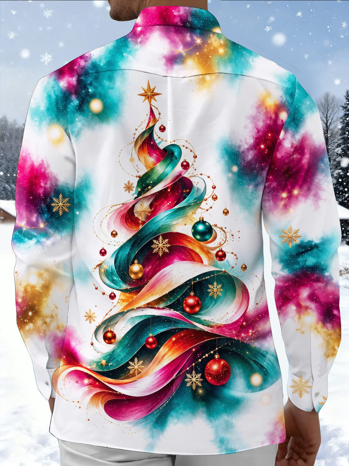Oceanlyte Men's Long Sleeve Shirt - Abstract Christmas Tree With Ornaments And Snowflakes Print with Chest Pocket