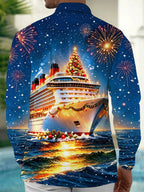 Oceanlyte Men's Graphic Christmas Cruise Ship Print Long Sleeve Shirt with Chest Pocket