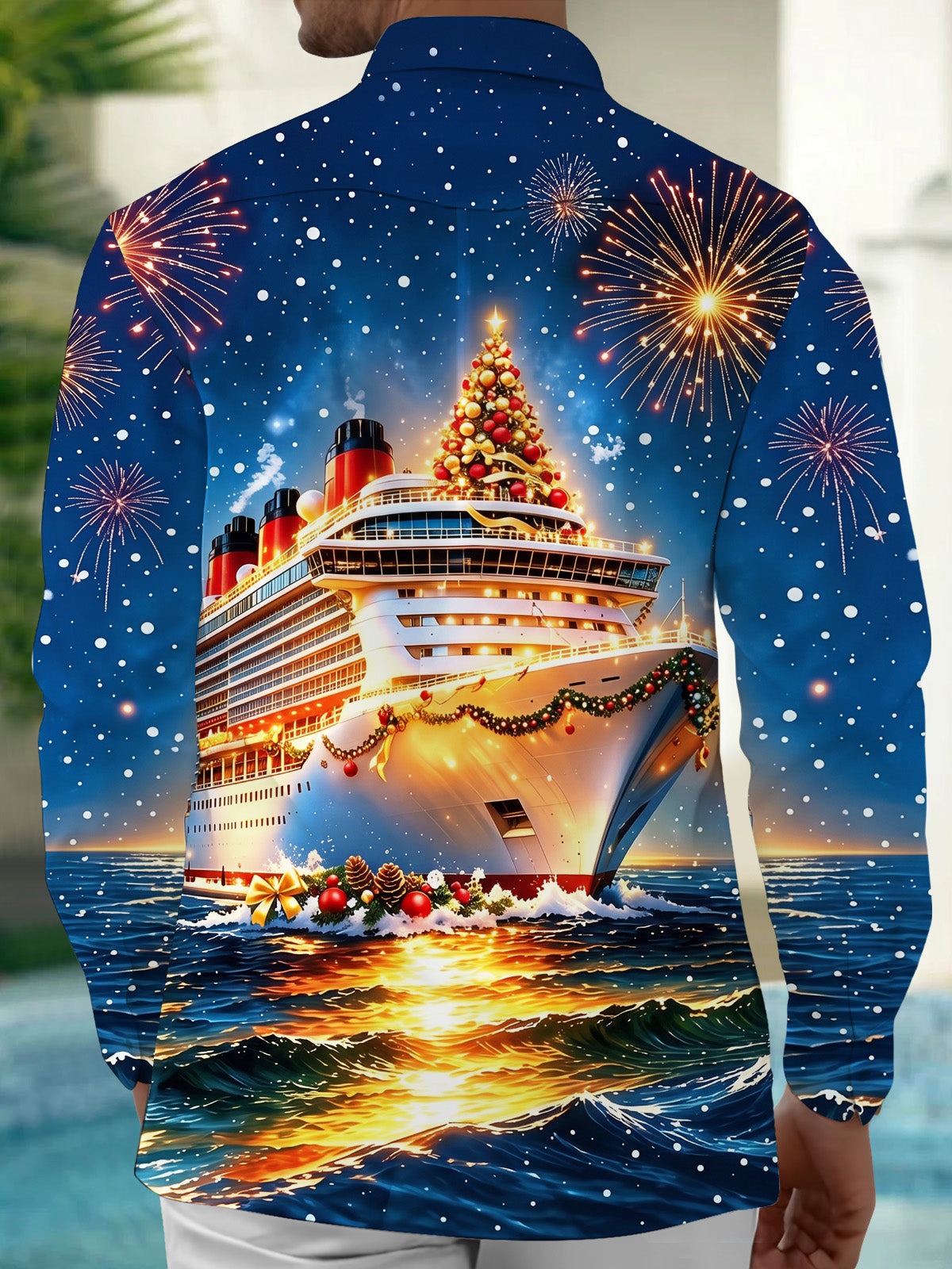 Oceanlyte Men's Graphic Christmas Cruise Ship Print Long Sleeve Shirt with Chest Pocket