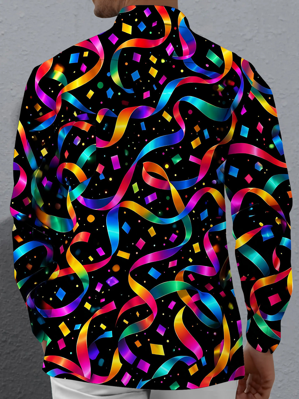 Oceanlyte Men's Patterned Colorful Ribbons And Confetti Print Long Sleeve Shirt with Chest Pocket