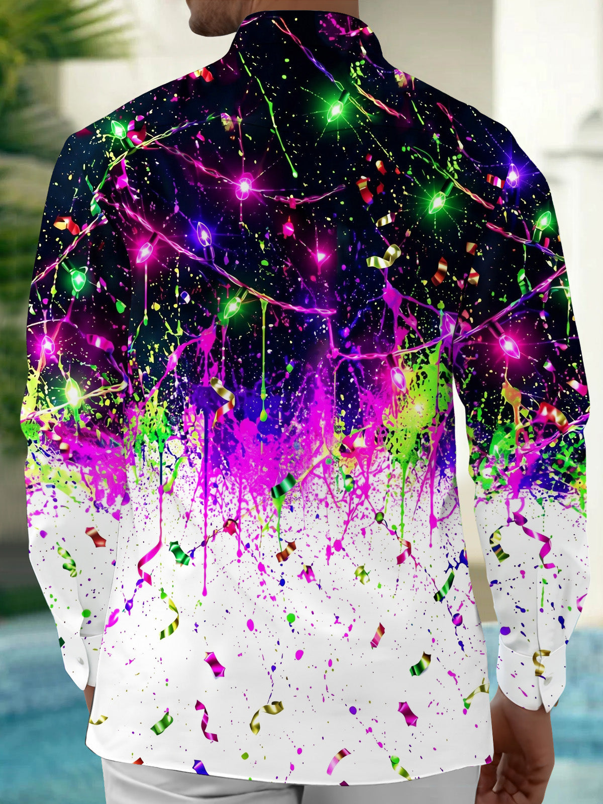 Oceanlyte Men's Graphic Christmas Lights And Confetti Print Long Sleeve Shirt with Chest Pocket