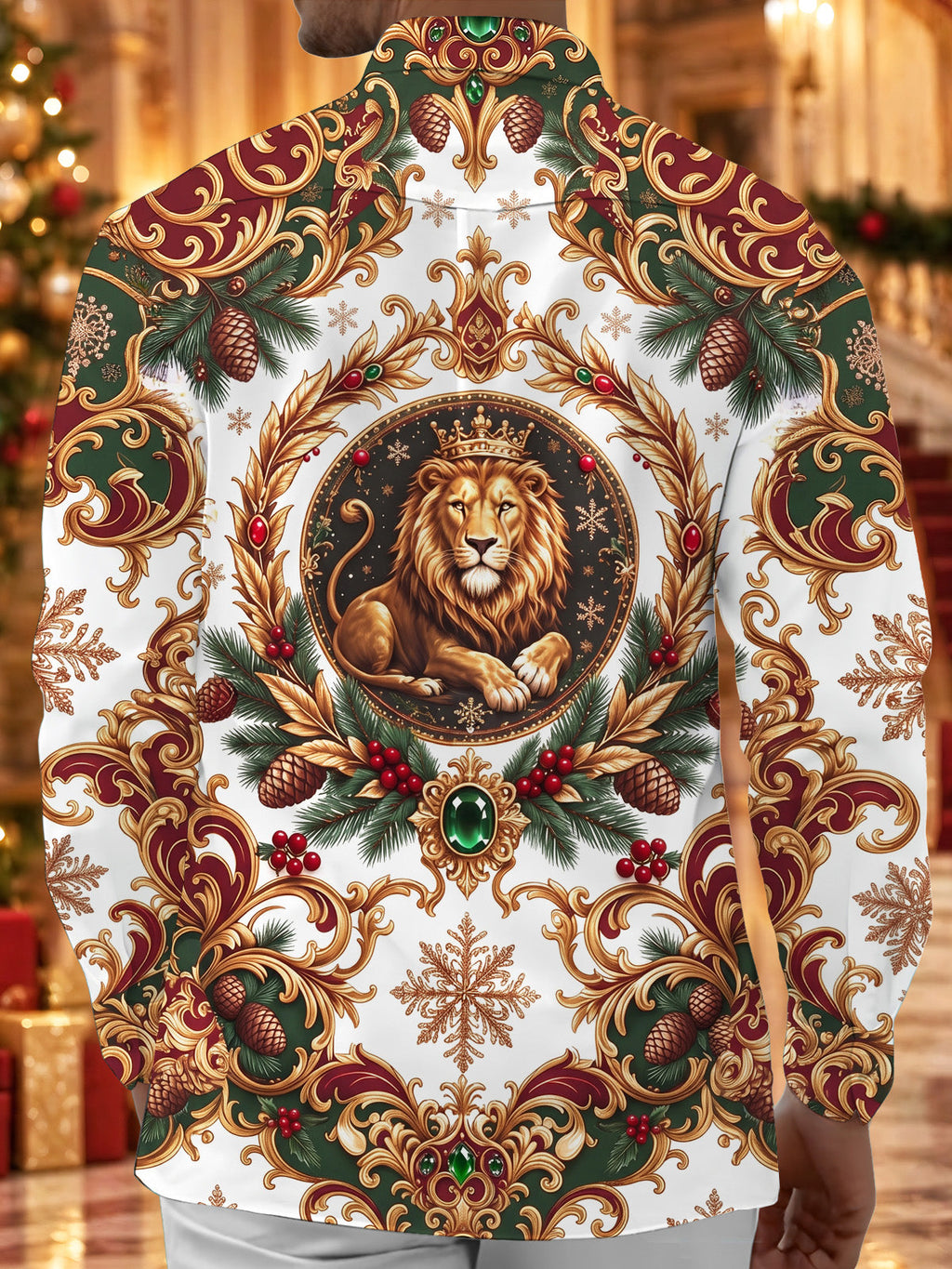 Oceanlyte Men's Crowned Lion And Christmas Wreath Print Long Sleeve Shirt with Chest Pocket
