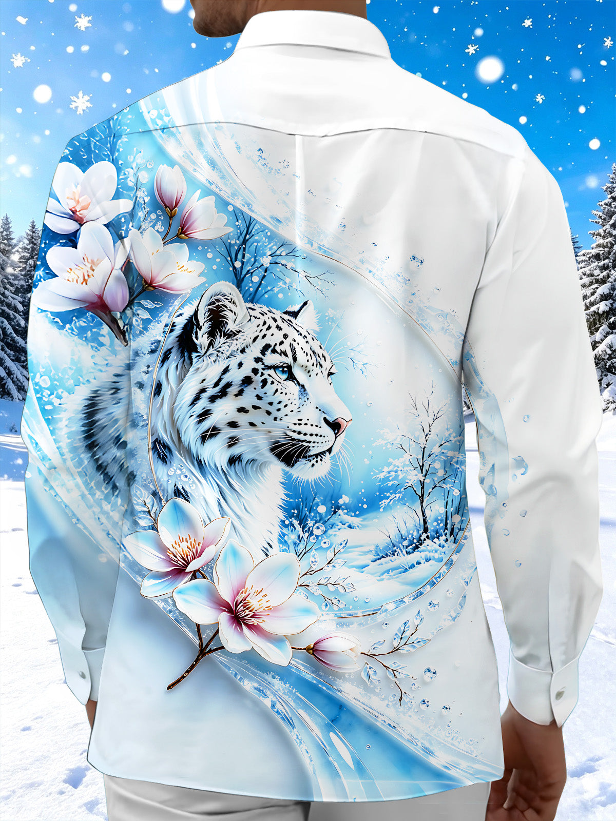 Oceanlyte Men's Printed Snow Leopard Print Long Sleeve Shirt with Chest Pocket