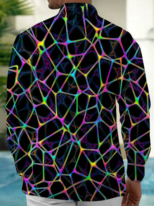 Oceanlyte Men's Abstract Neon Geometric Web Print Long Sleeve Shirt with Chest Pocket