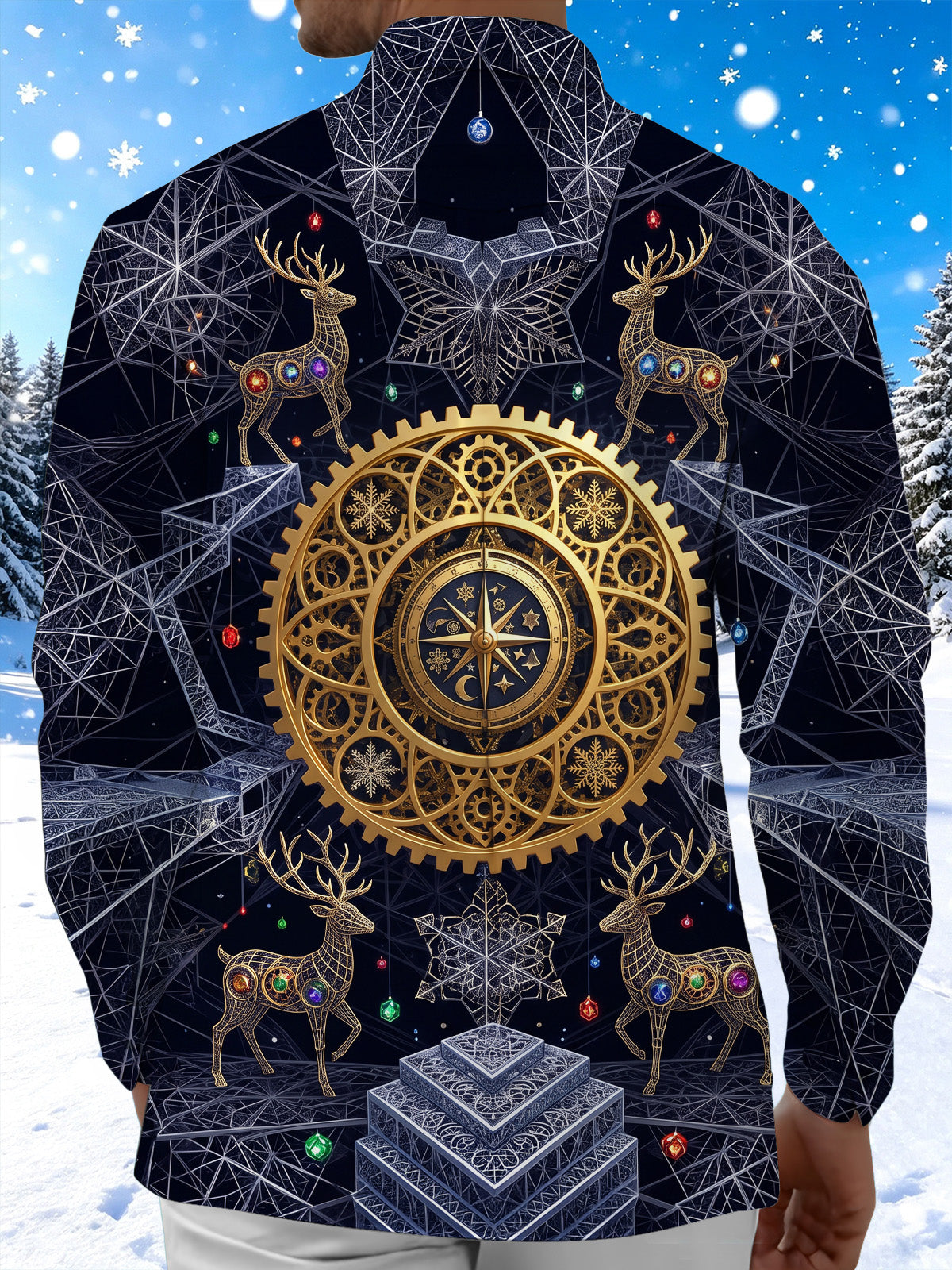 Oceanlyte Men's Long Sleeve Shirt - Geometric Reindeer And Christmas Ornaments Print with Chest Pocket