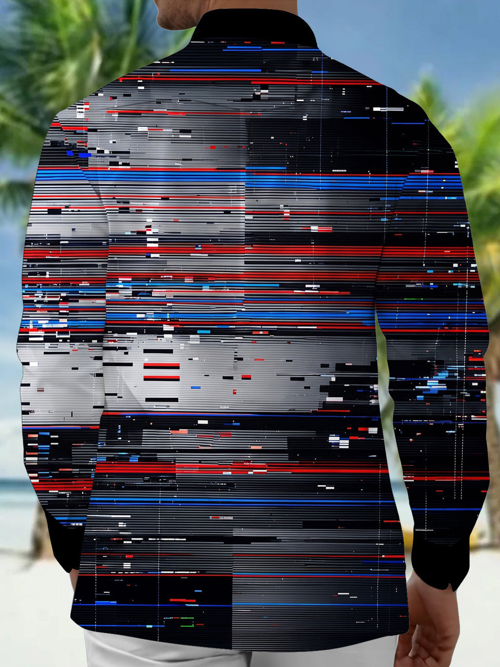 Oceanlyte Men's Striped Abstract Digital Glitch Lines Print Long Sleeve Shirt with Chest Pocket
