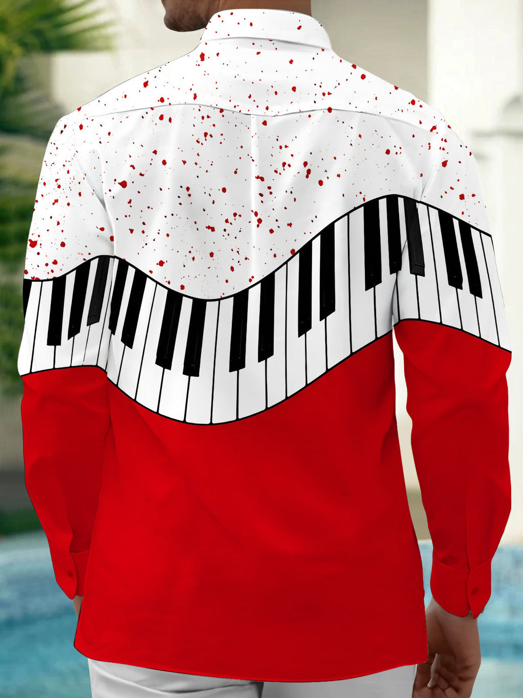 Oceanlyte Men's Graphic Piano Keyboard And Red Splatter Print Long Sleeve Shirt with Chest Pocket