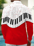 Oceanlyte Men's Graphic Piano Keyboard And Red Splatter Print Long Sleeve Shirt with Chest Pocket