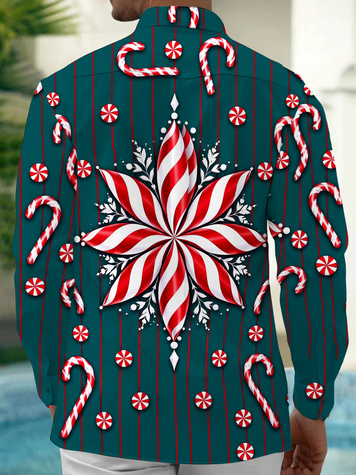 Oceanlyte Men's Long Sleeve Shirt - Christmas Candy Cane And Peppermint Snowflake Print with Chest Pocket