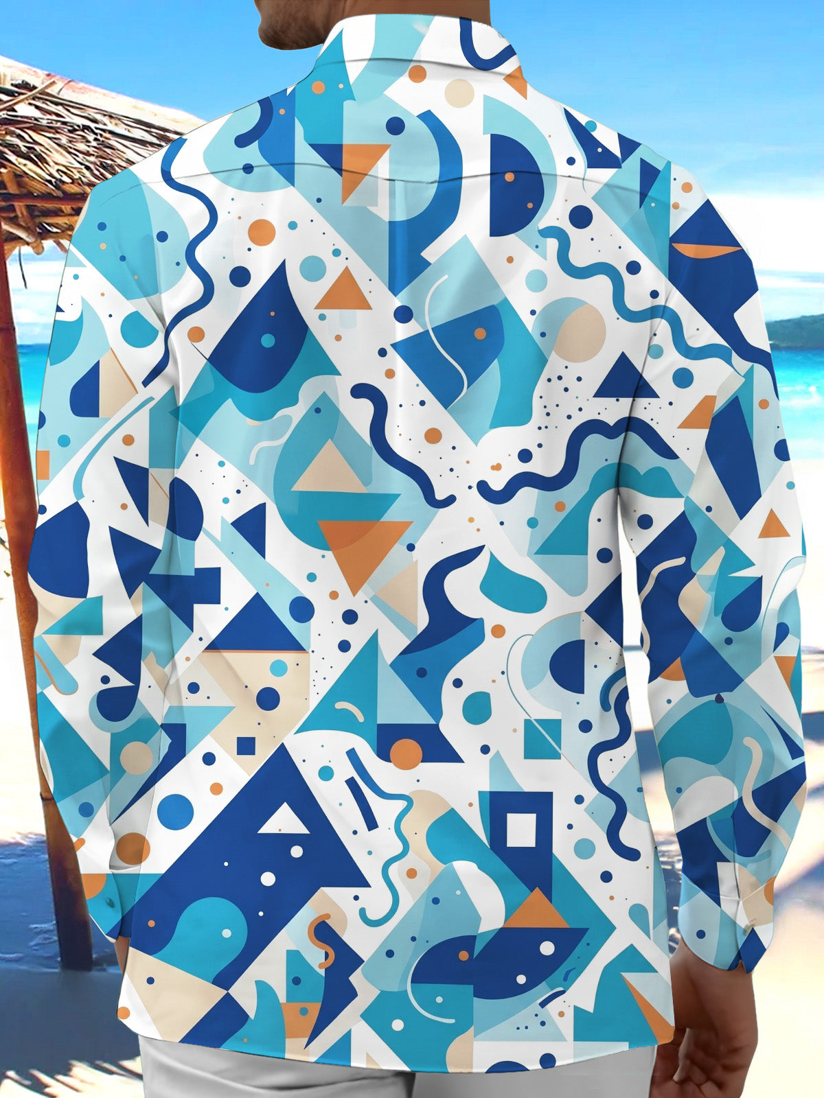 Oceanlyte Blue Orange Geometric Abstract Pattern Men's Pocket Long Sleeve Shirts
