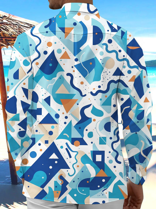 Oceanlyte Blue Orange Geometric Abstract Pattern Men's Pocket Long Sleeve Shirts
