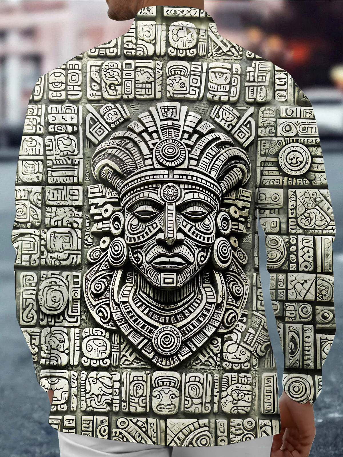 Oceanlyte Mayan Stone Carving Mask Men's Pocket Long Sleeve Shirts