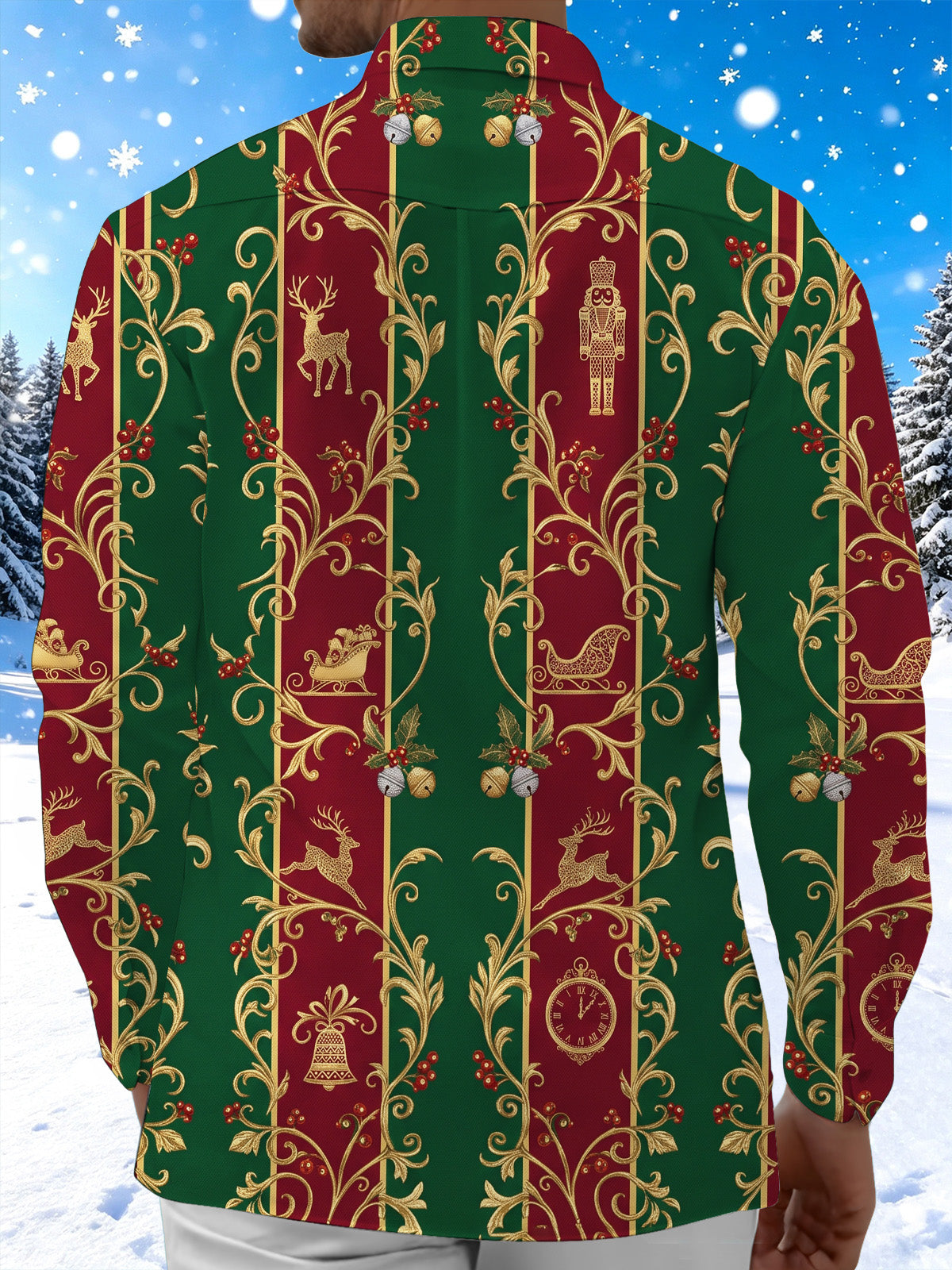 Oceanlyte Men's Long Sleeve Shirt - Christmas Nutcracker Reindeer Sleigh And Clock Motif Print with Chest Pocket