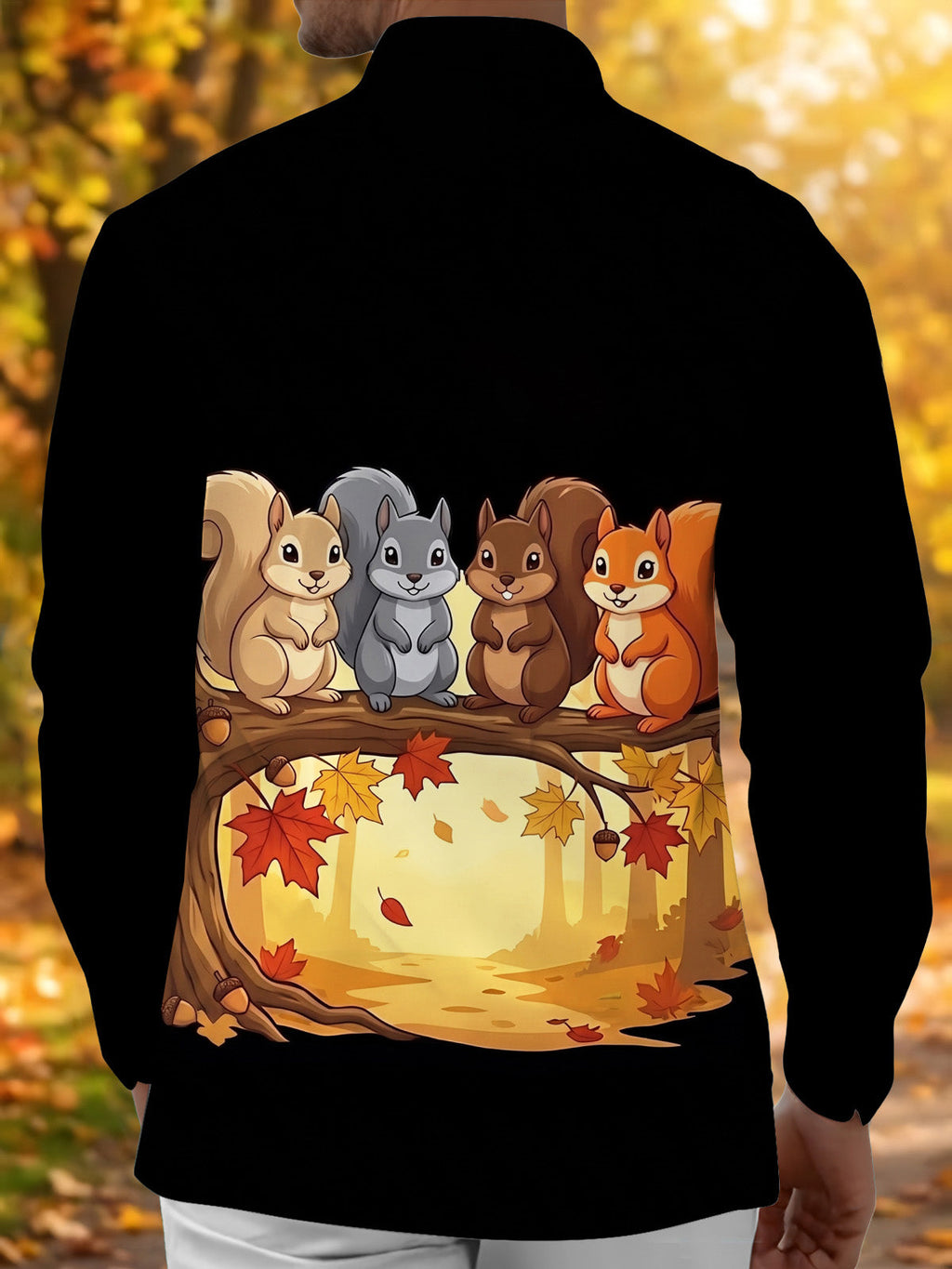 Oceanlyte Men's Long Sleeve Shirt - Autumn Squirrels On Branch With Leaves And Acorns Print with Chest Pocket
