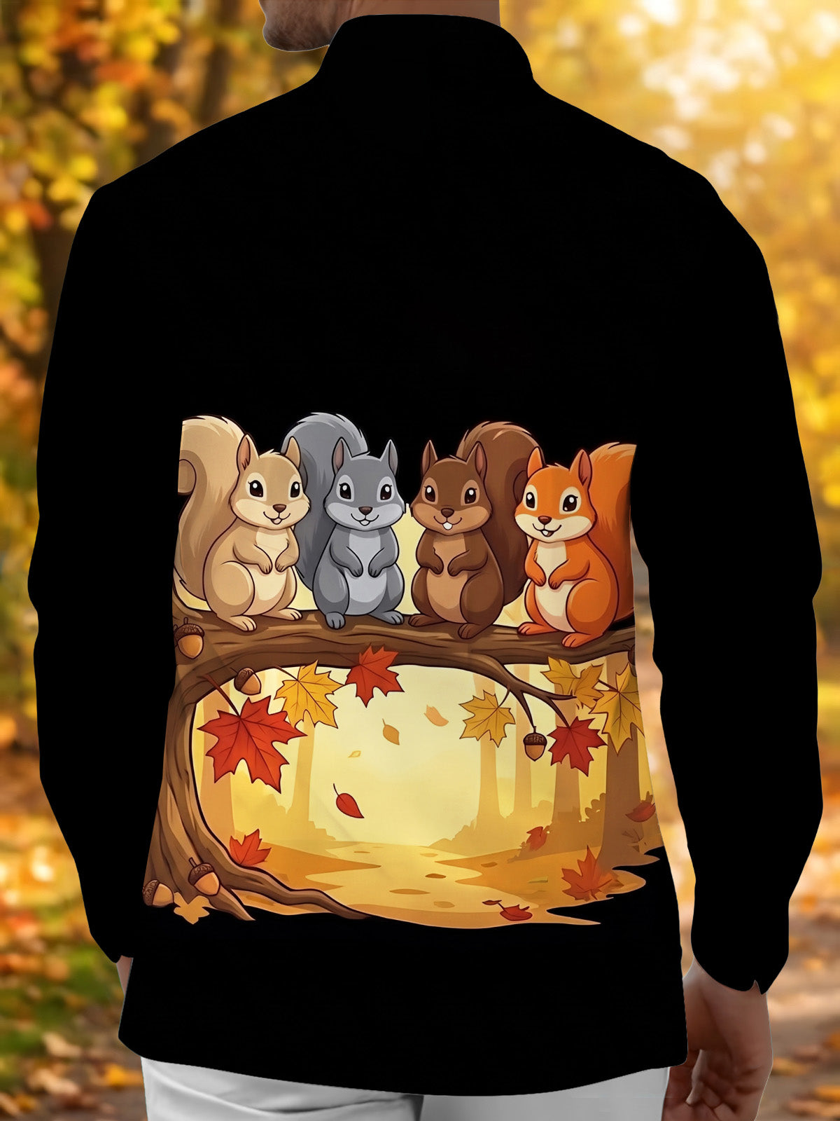 Oceanlyte Men's Long Sleeve Shirt - Autumn Squirrels On Branch With Leaves And Acorns Print with Chest Pocket