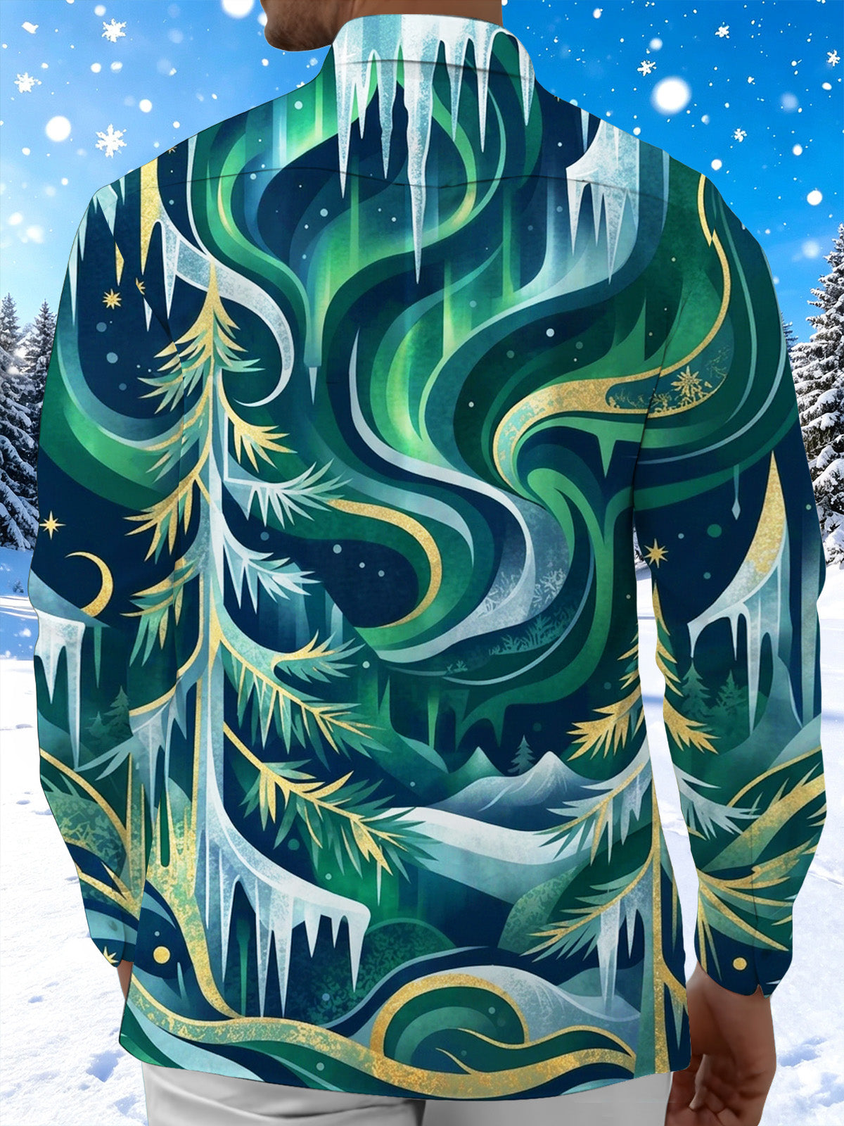 Oceanlyte Men's Long Sleeve Shirt - Aurora Borealis And Pine Trees With Icicles Print with Chest Pocket