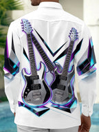 Oceanlyte Men's Long Sleeve Shirt - Electric Guitars With Neon Geometric Background Print with Chest Pocket